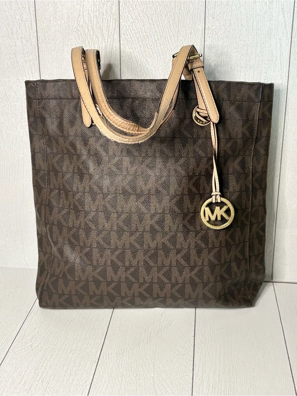 Michael Kors Dark Brown Logo Tote with Tan Leather Straps